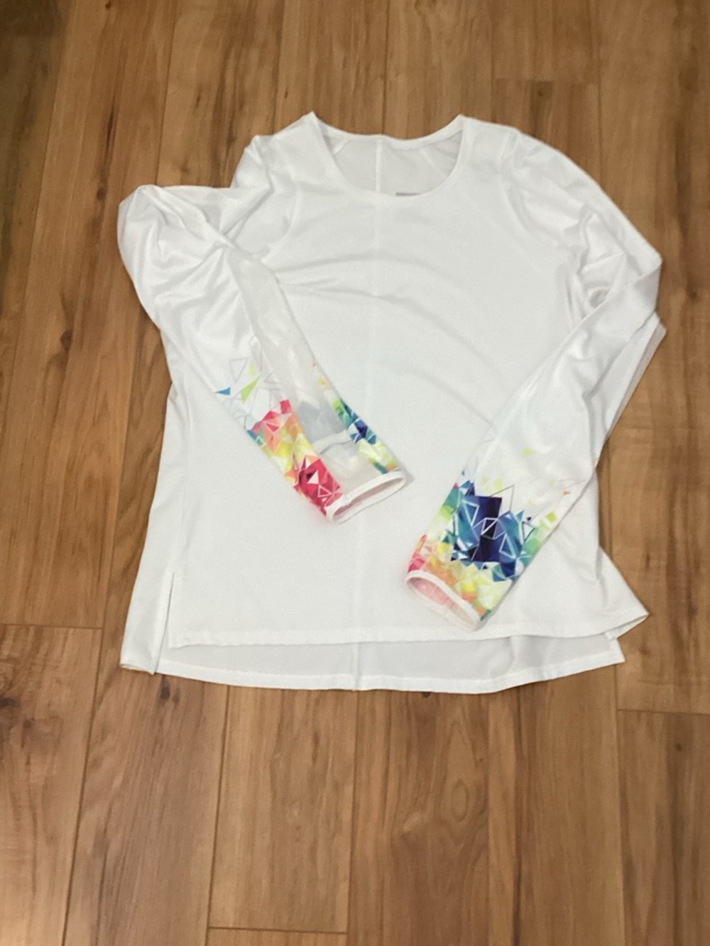 Lucky in Love White Long Sleeve Top with Multicolor Geometric Cuffs